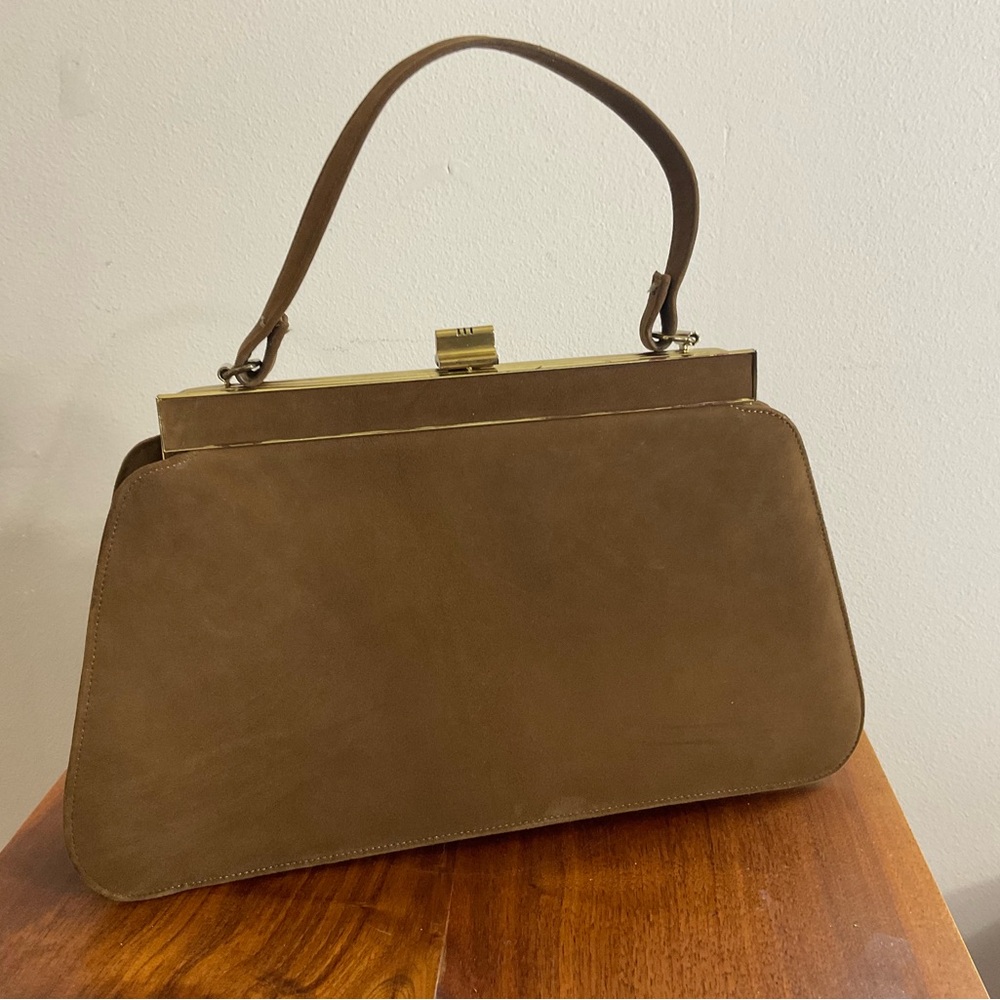 Vintage 1950s/60s Camel Tan Frame Handbag | Gold-Tone Clasp & Satin Lining
